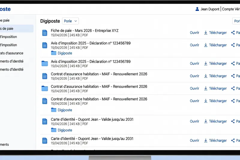 Interface d'un coffre-fort numérique Digiposte avec liste de documents légaux stockés — vue PC 2026