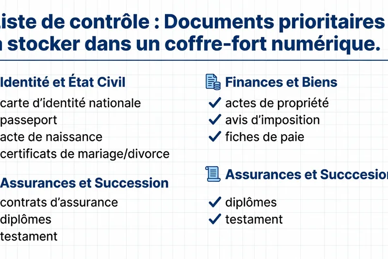 Checklist des documents prioritaires à mettre dans un coffre-fort numérique : carte identité, contrats, testament