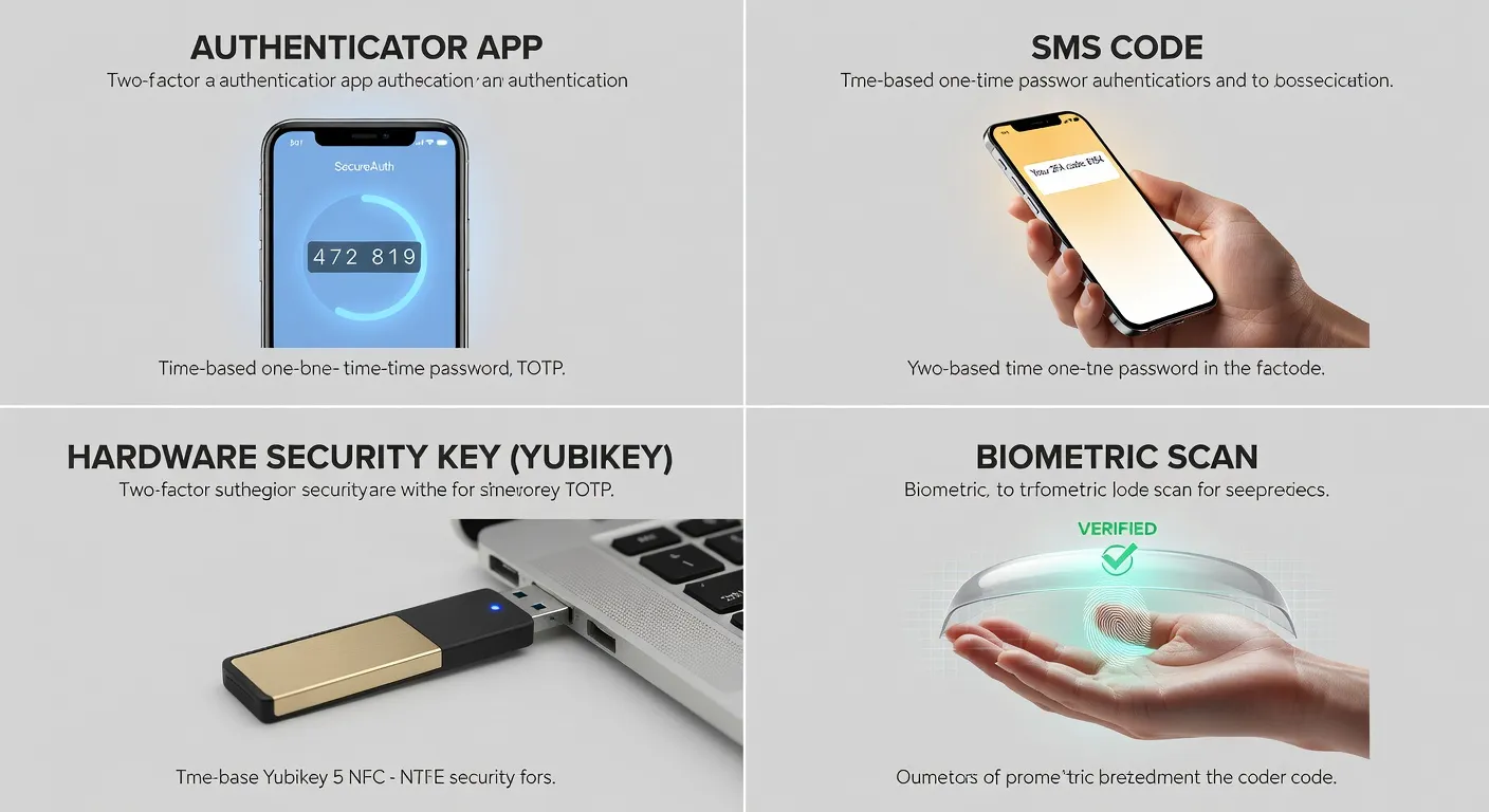 Trois méthodes 2FA comparées : code SMS, application TOTP et clé de sécurité YubiKey