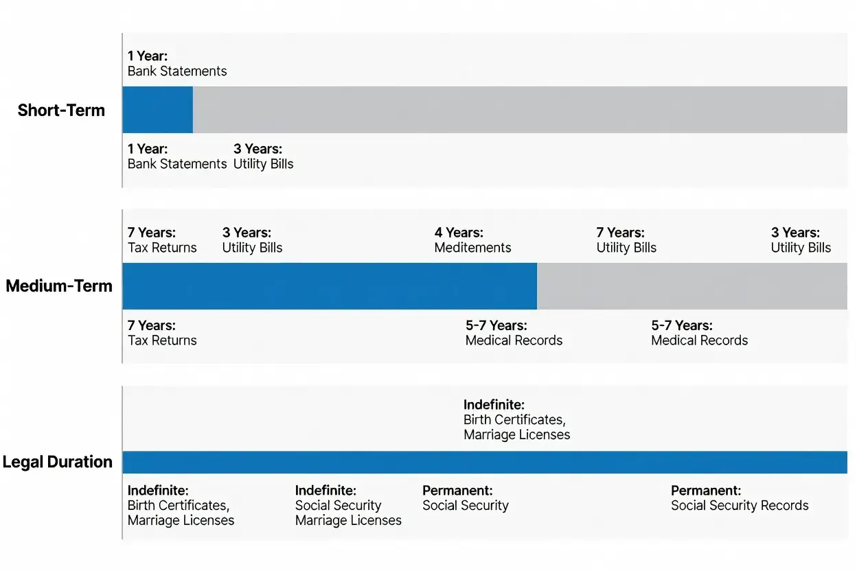 Comparatif visuel des durées de conservation des documents administratifs personnels