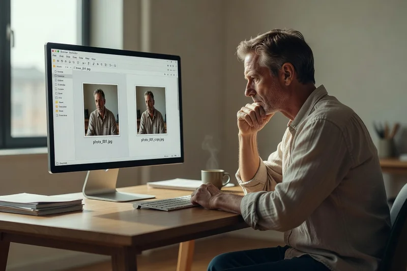 Interface d'un logiciel de dédoublonnage affichant un groupe de photos identiques détectées avec leur taille et leur emplacement pour choisir la copie à conserver