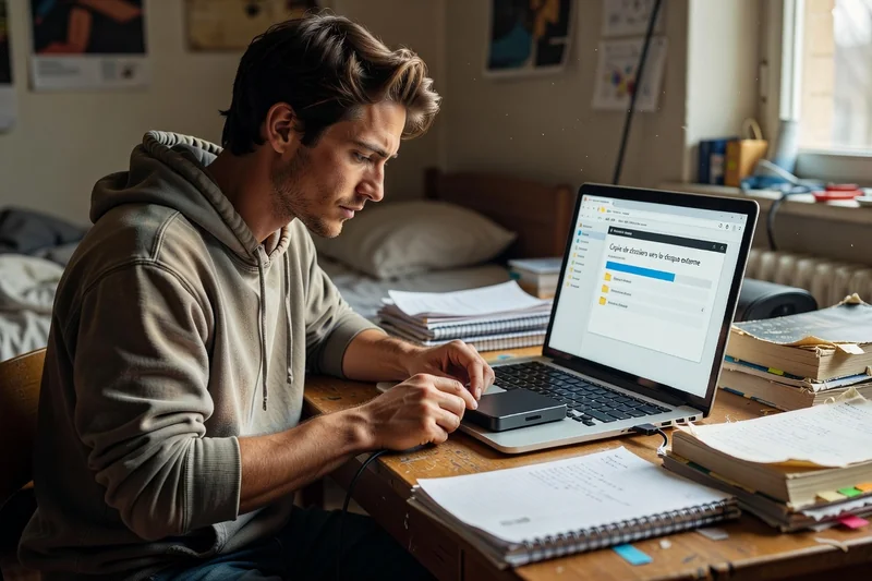 Etudiant branchant un disque dur externe à son ordinateur portable pour copier ses cours et documents depuis son espace cloud