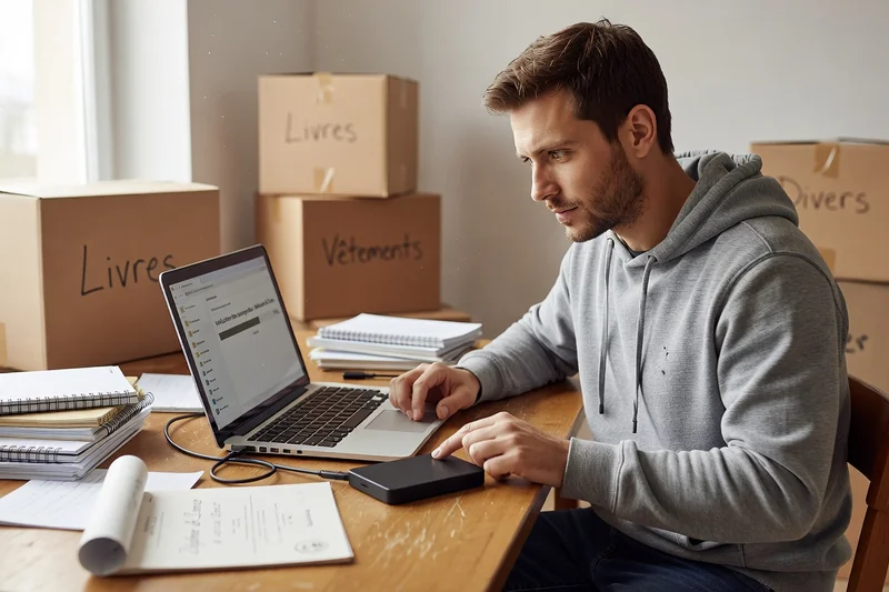 Jeune diplômé vérifiant ses sauvegardes de mémoire et de cours sur un disque dur externe avant de rendre son ordinateur portable, cartons de déménagement en arrière-plan