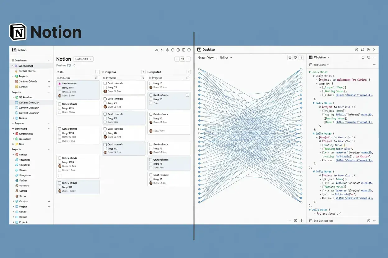 Comparatif des interfaces Notion et Obsidian côte à côte