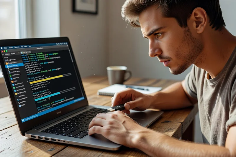Jeune adulte créant une clé USB Linux live sur un ordinateur portable fonctionnel afin de récupérer les données d'un PC en panne
