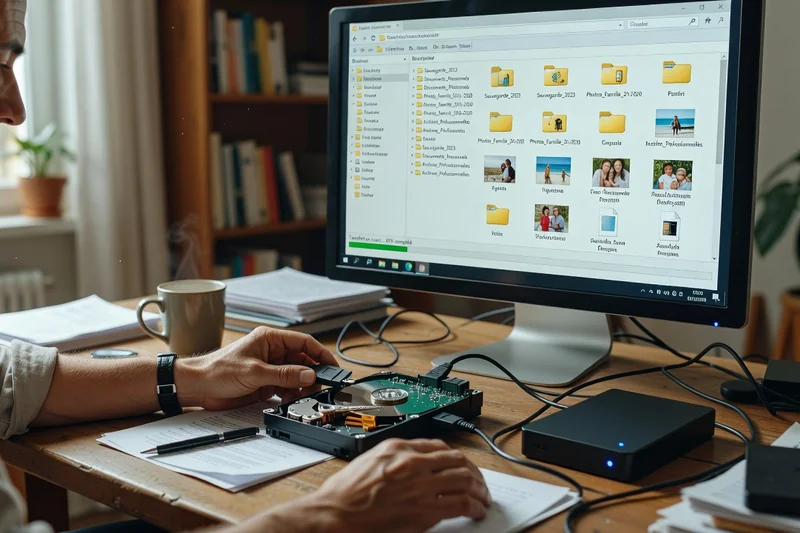 Adulte copiant des dossiers de documents et de photos depuis un disque dur démonté vers un disque dur externe sur un bureau