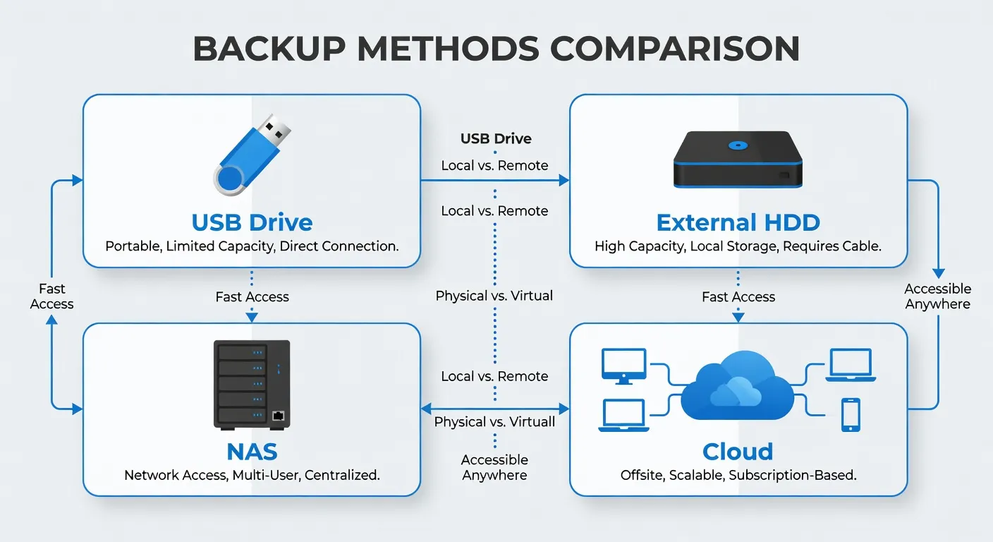 Schéma de la règle 3-2-1 : trois copies sur deux supports différents dont une hors site