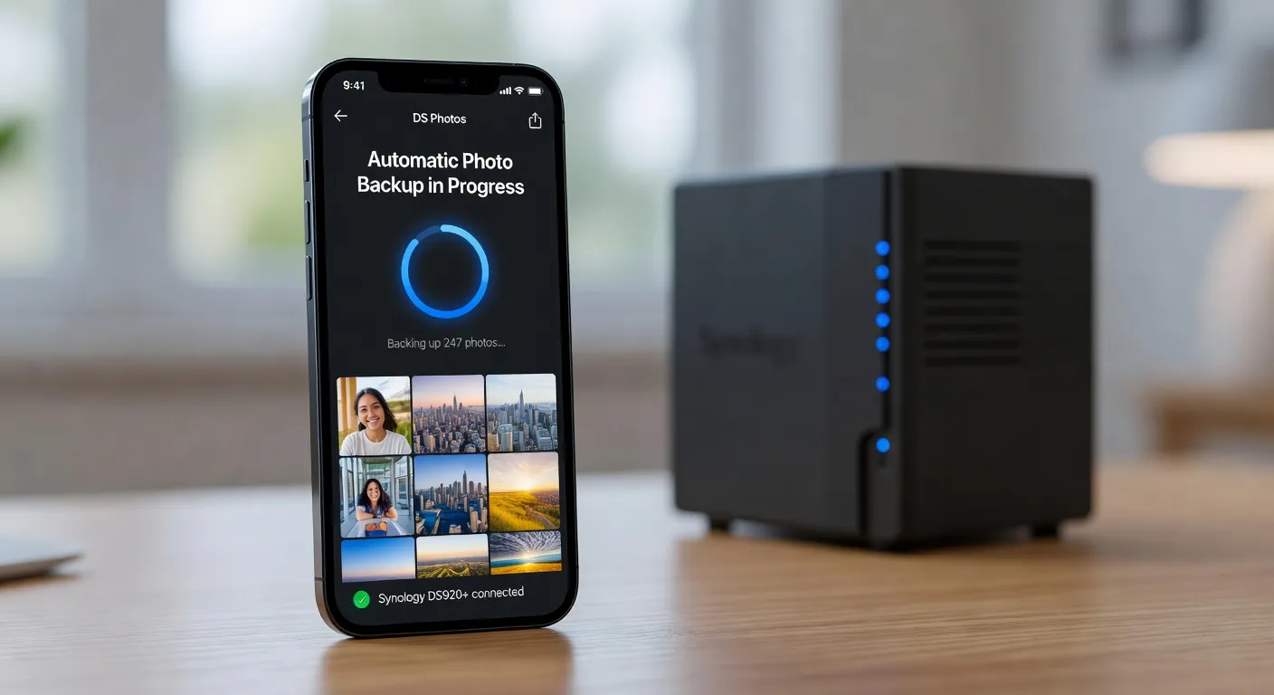Interface Synology Photos sur smartphone Android avec sauvegarde automatique activée