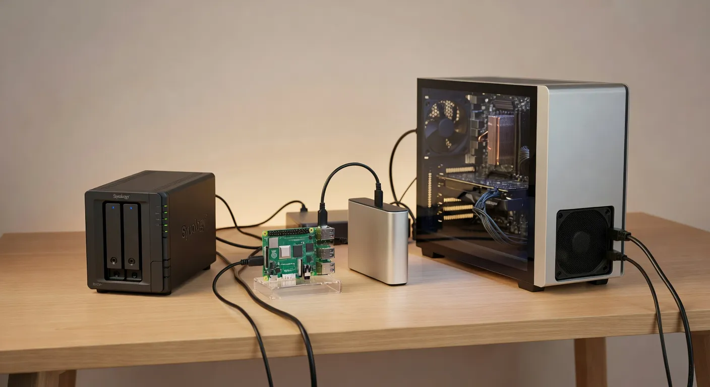Différents choix de matériel pour un cloud personnel domestique : NAS Synology, Raspberry Pi et serveur PC dédié