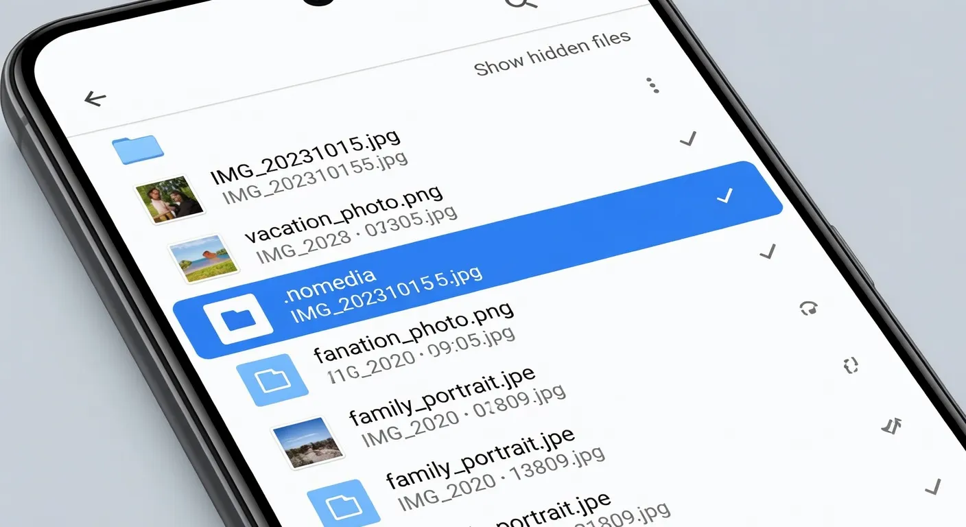 Capture d'écran d'un explorateur de fichiers Android montrant un fichier .nomedia caché dans un dossier