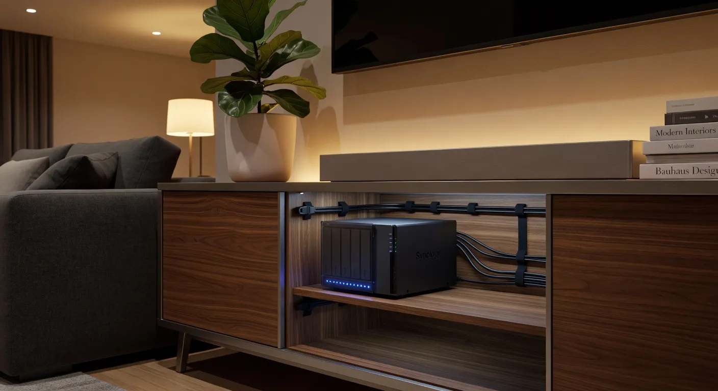 NAS Synology dans un meuble salon avec disques durs visibles, connecté en réseau Wi-Fi et Ethernet