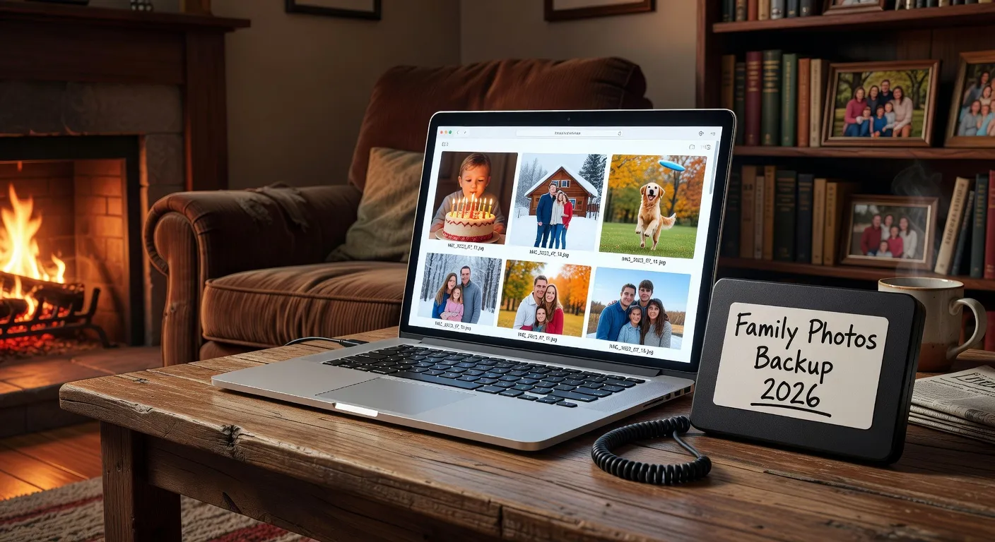 Disque dur externe et NAS avec des fichiers photo organisés par dossiers chronologiques