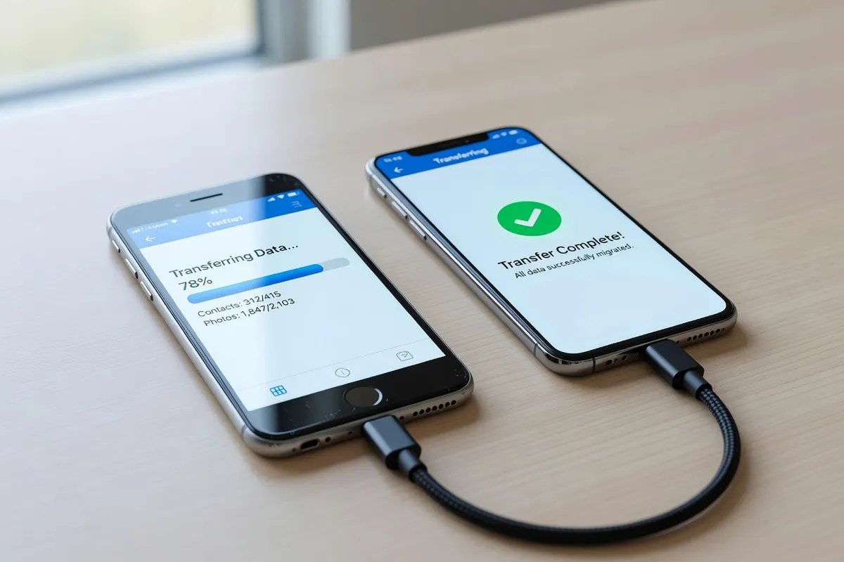 Deux smartphones reliés par câble affichant le transfert de contacts et de photos en cours puis terminé