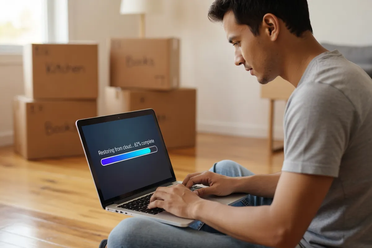 Utilisateur restaurant ses données depuis le cloud sur un nouvel ordinateur portable, entouré de cartons de déménagement