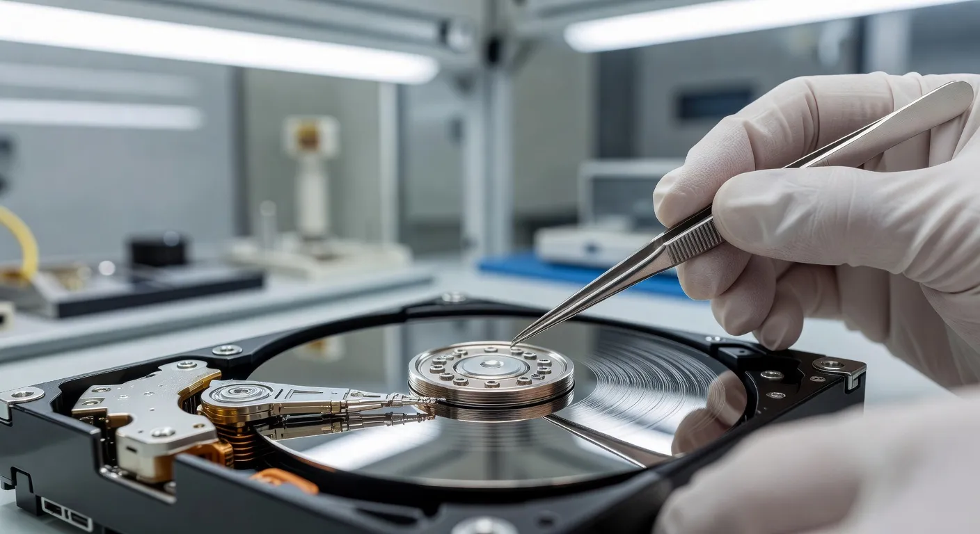 Laboratoire de récupération de données : disque dur ouvert en salle blanche avec équipement spécialisé