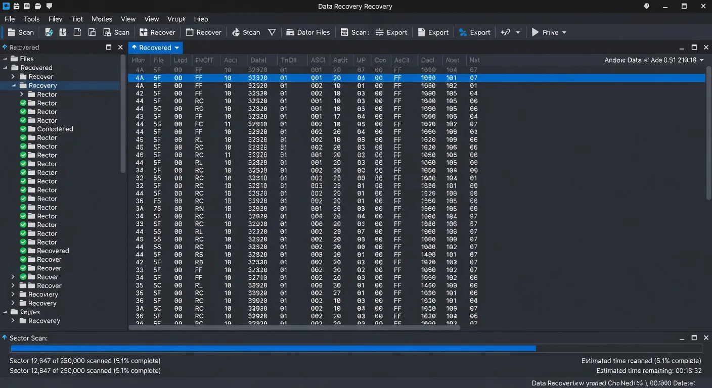 Interface logicielle de récupération de données avec liste de fichiers récupérés et état de chaque secteur