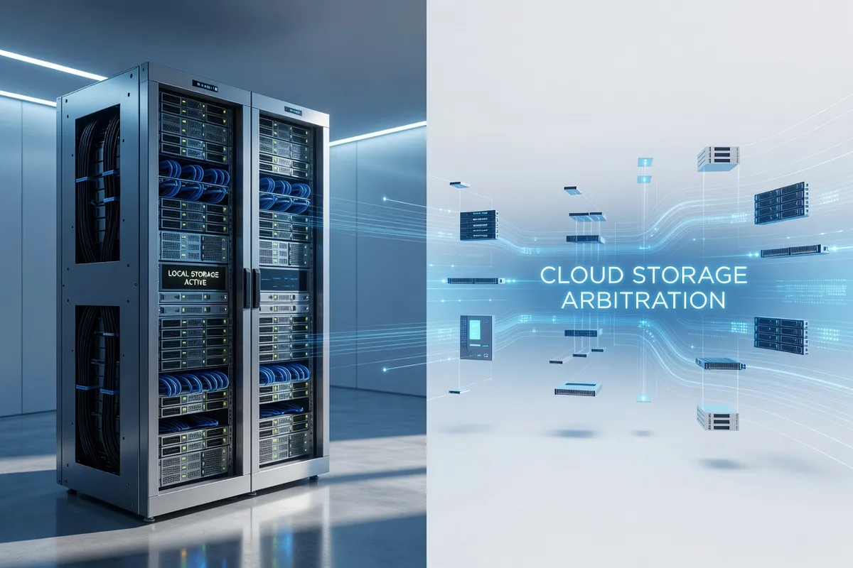 Particulier comparant un disque dur externe et une interface de stockage cloud sur ordinateur portable
