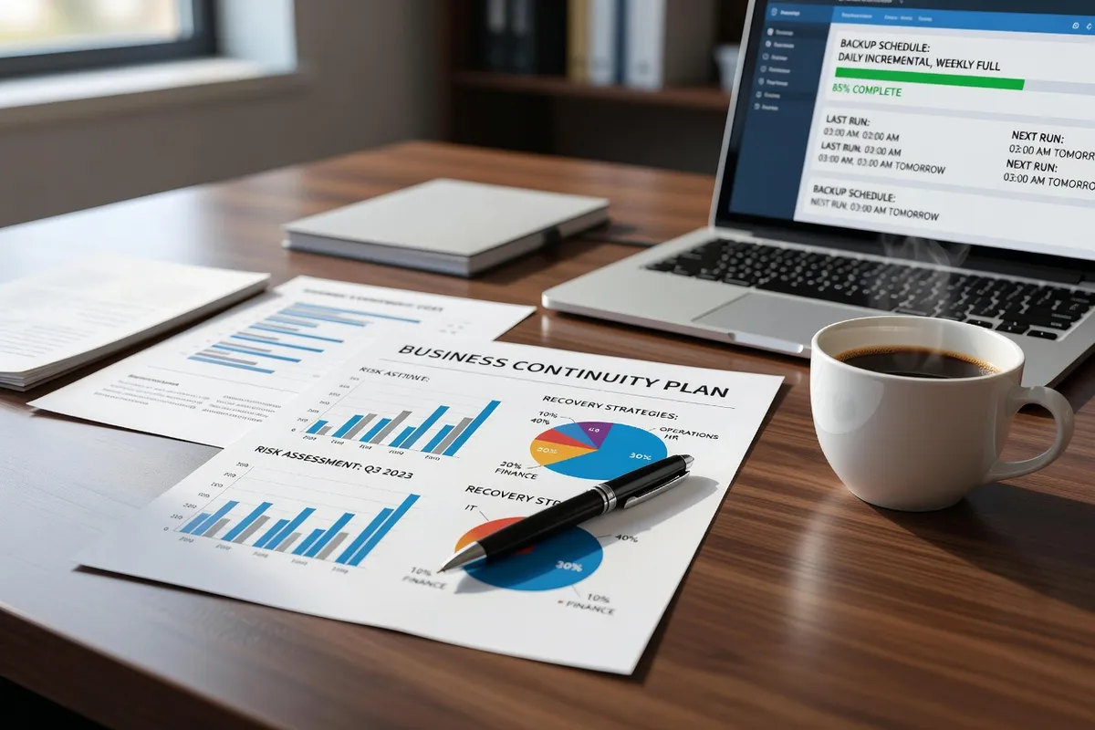 Plan de continuité d'activité et calendrier de sauvegarde affichés sur un bureau, avec évaluation des risques et planning de restauration