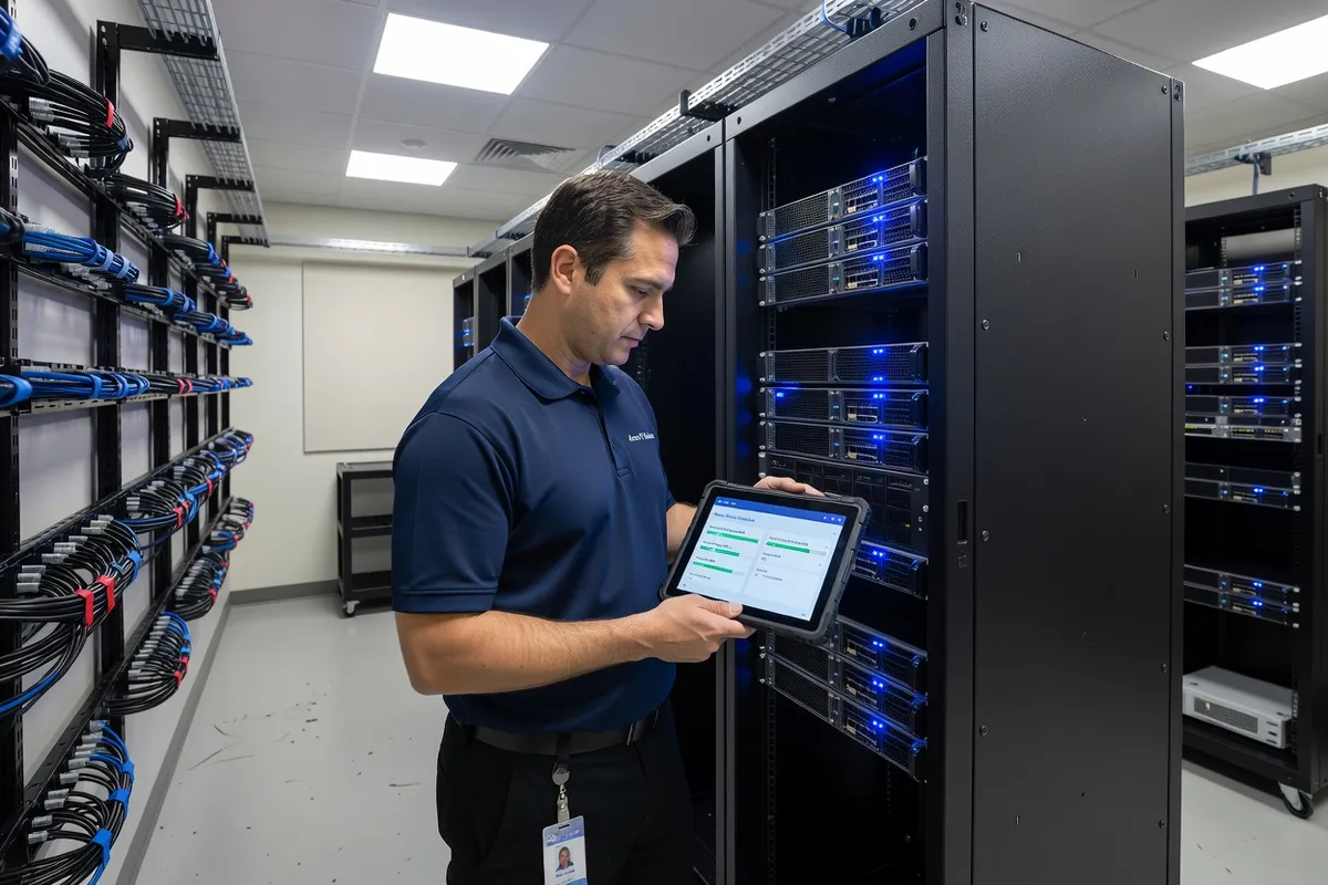 Technicien informatique vérifiant une baie de serveurs de sauvegarde en salle serveur d'entreprise