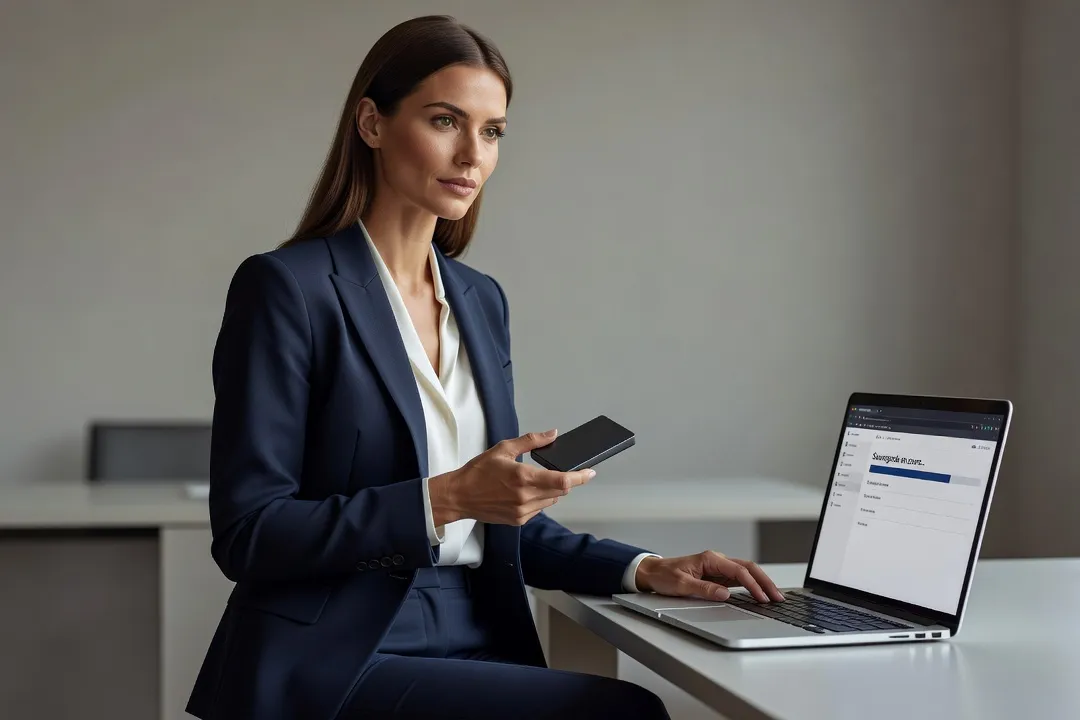 Administratrice système vérifiant une sauvegarde de serveur sur disque externe et ordinateur portable