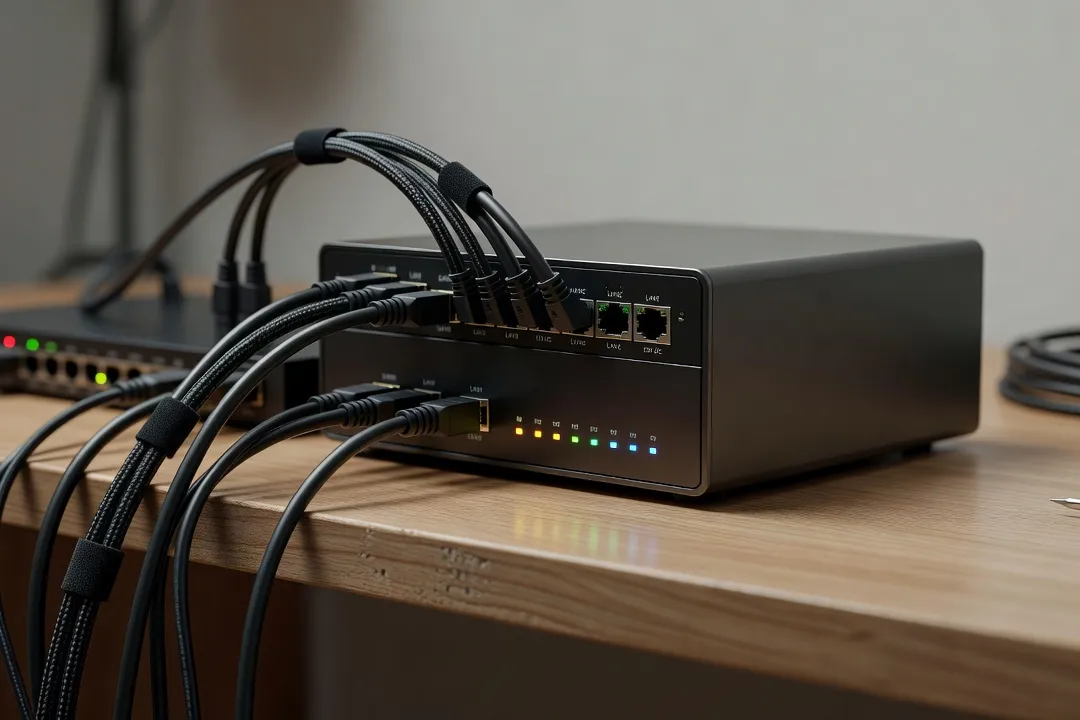 Petit serveur ou NAS connecté au réseau domestique avec câbles organisés pour un déploiement de sauvegarde append-only