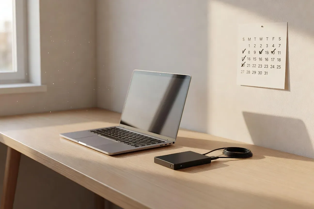 Bureau minimaliste avec disque dur externe branché à un ordinateur — illustration d'une routine de sauvegarde automatique