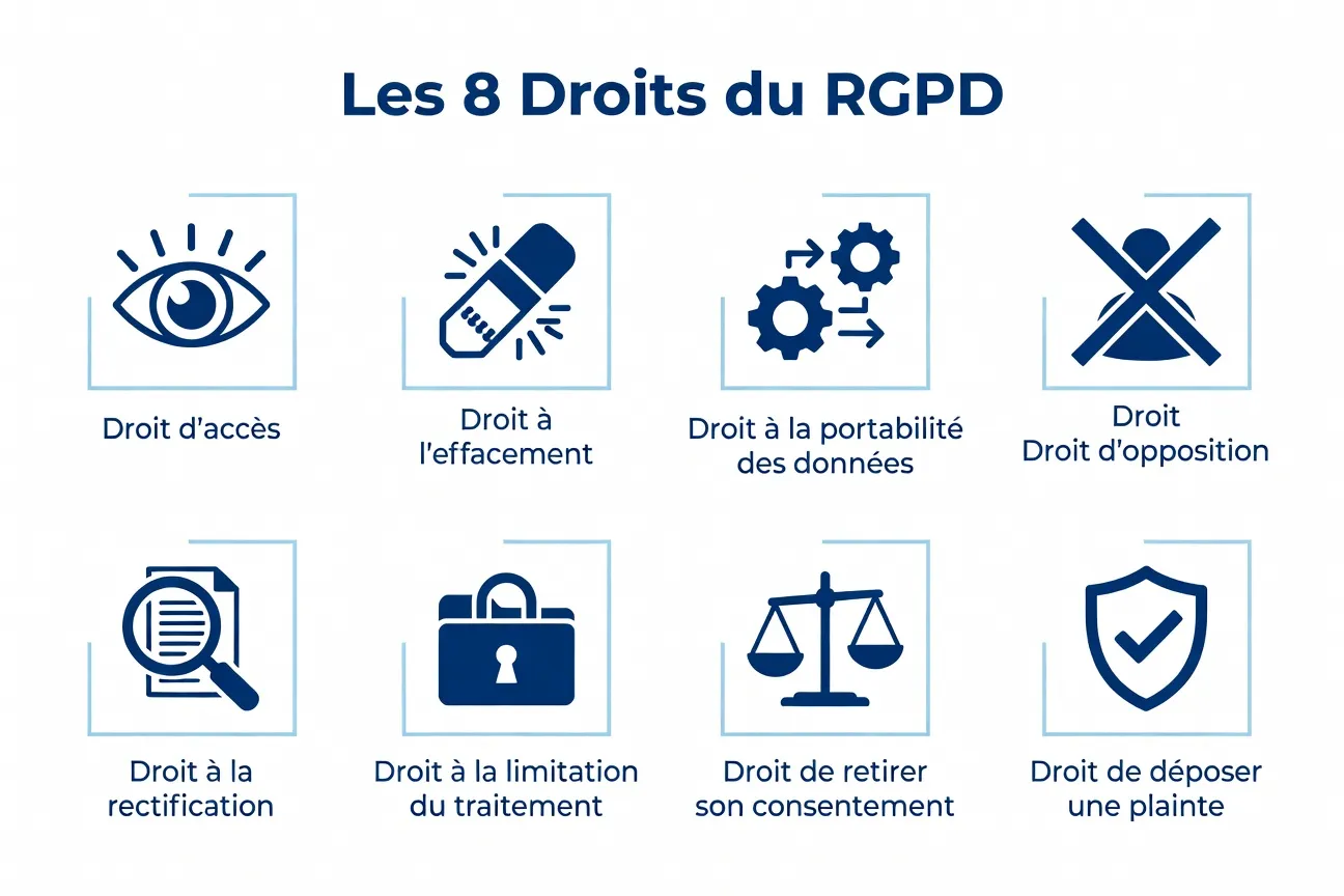 Tableau récapitulatif des 8 droits RGPD avec exemples pratiques et délais de réponse