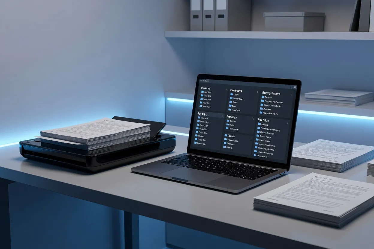 Bureau organisé avec documents administratifs en cours de numérisation vers une archive sécurisée
