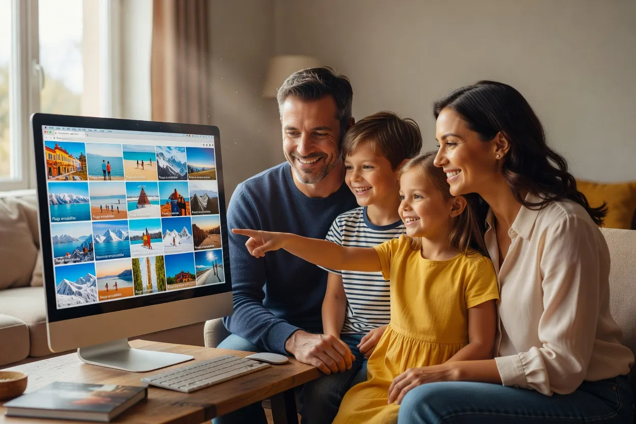 Famille réunie autour d'un ordinateur consultant des photos de vacances