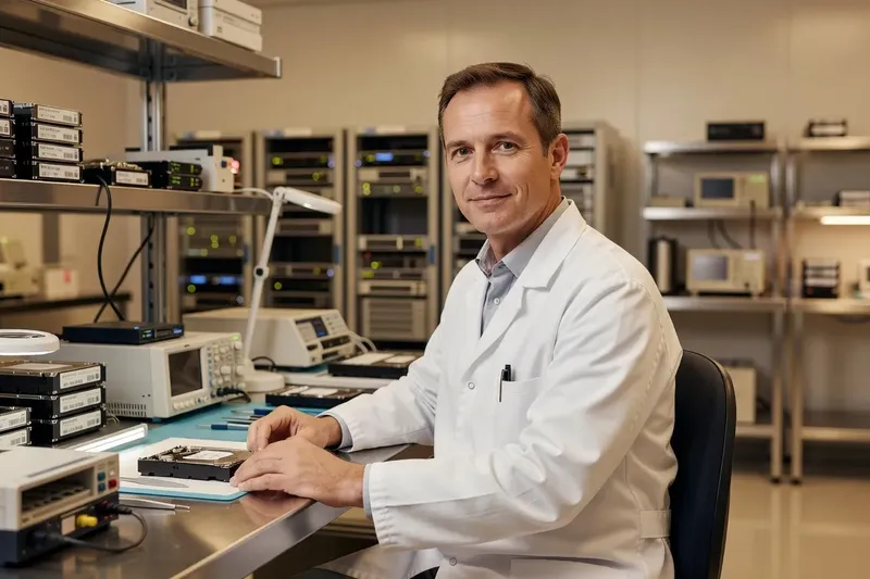 Portrait de Julien Moreau, technicien en récupération de données, dans son laboratoire