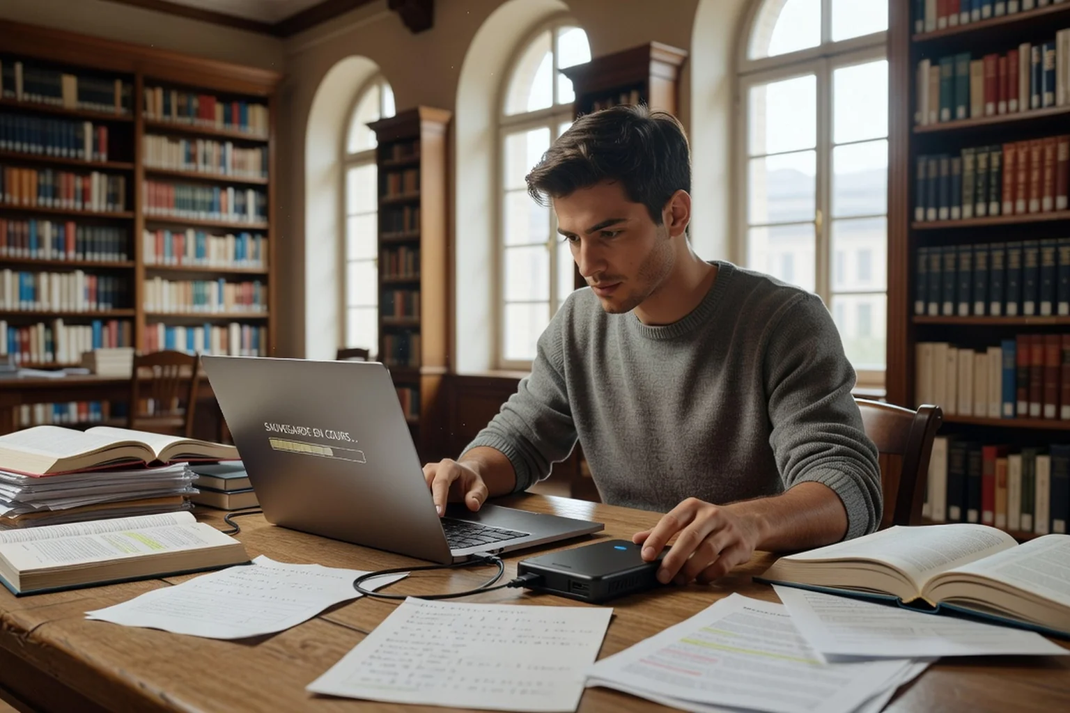 Etudiant sauvegardant son mémoire vers un disque dur externe dans une bibliothèque universitaire