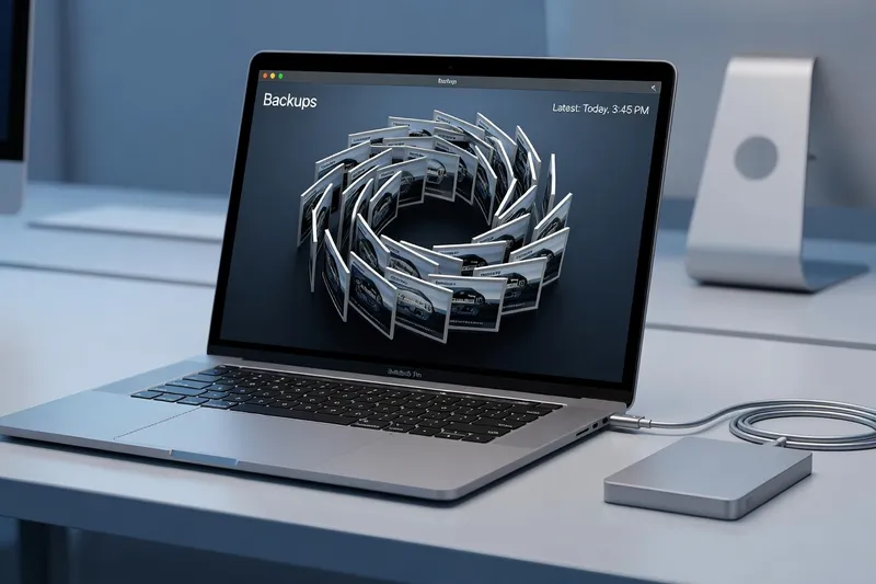 MacBook ouvert avec disque dur externe et interface Time Machine 2026