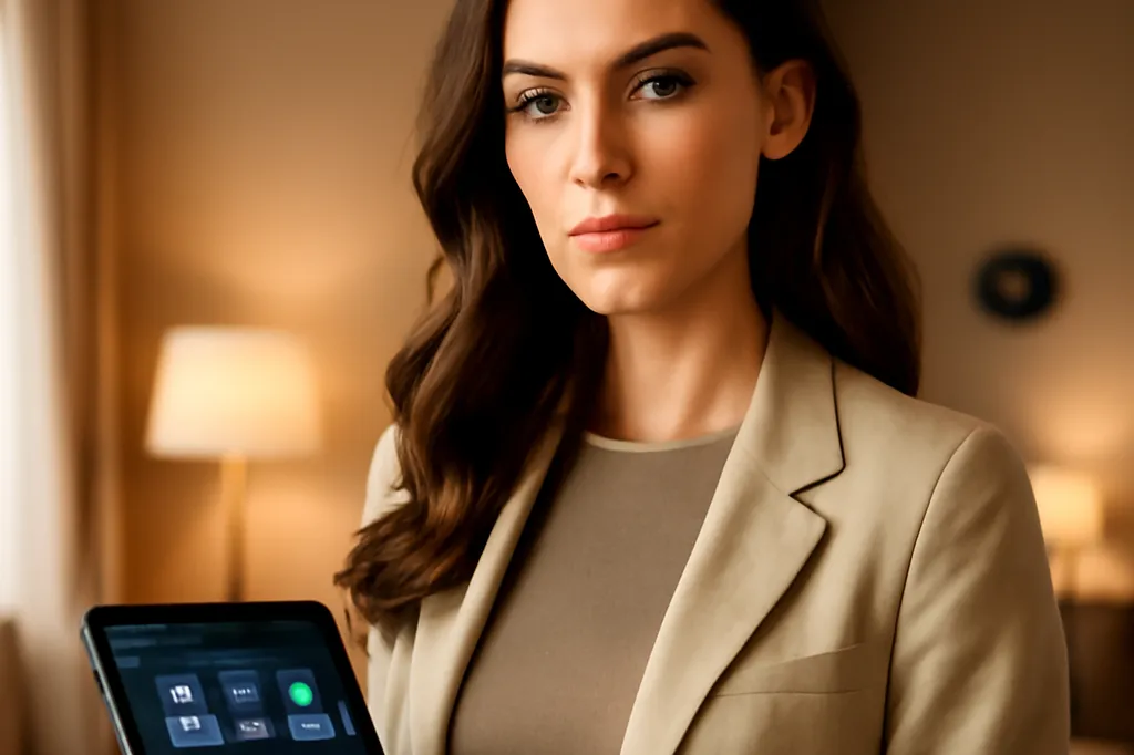 Femme configurant la sauvegarde de son système domotique depuis une tablette dans un salon connecté