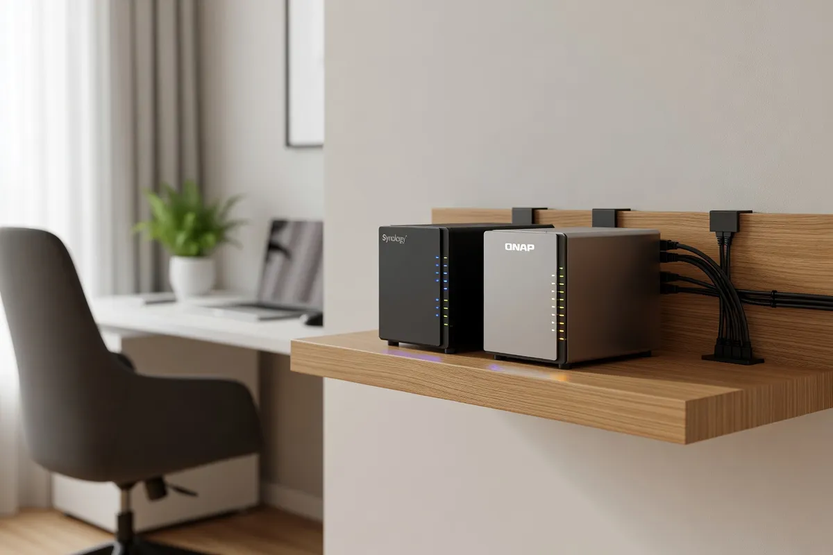 NAS Synology et NAS QNAP reliés par une architecture de sauvegarde 3-2-1-1-0 vers un cloud immuable