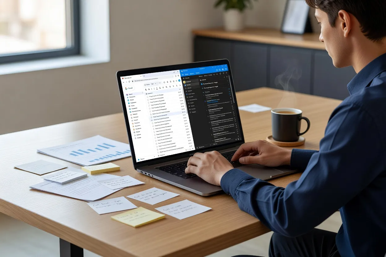 Utilisateur sauvegardant ses emails Gmail et Outlook sur ordinateur portable