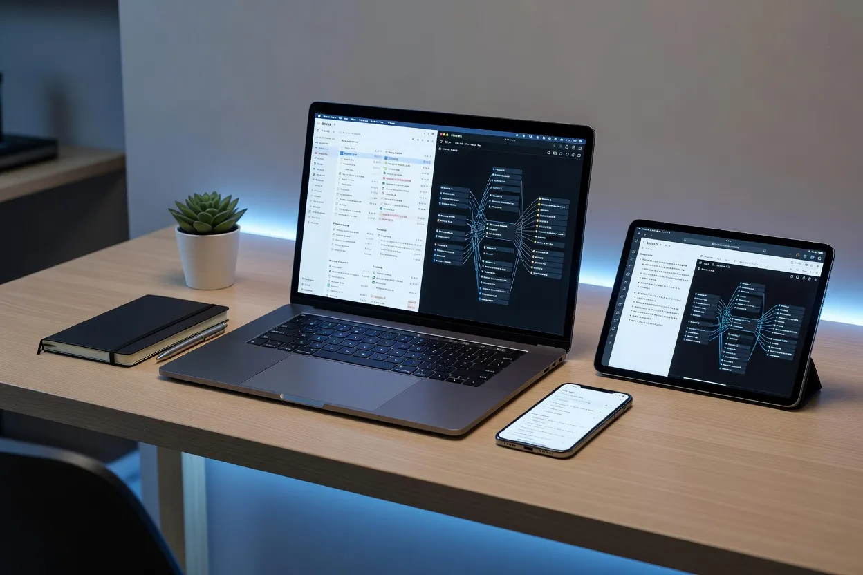 Espace de travail organisé avec Notion et Obsidian sur un écran d'ordinateur portable