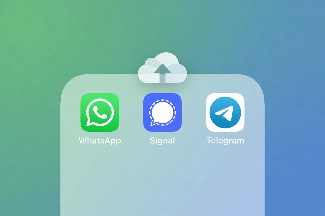 Smartphone avec icônes WhatsApp Signal Telegram et sauvegarde