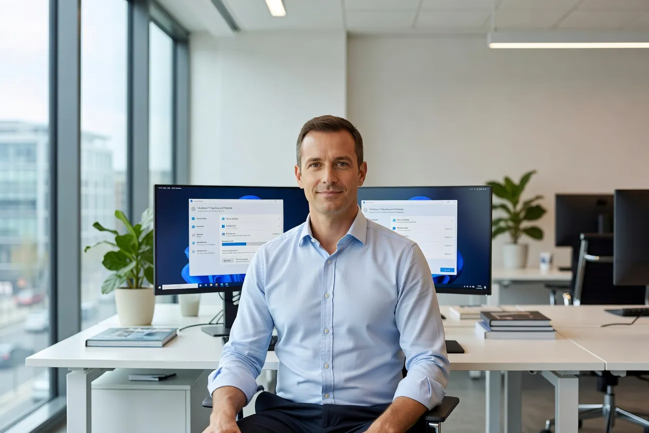 Portrait éditorial d'un formateur Microsoft sur la sauvegarde Windows 11